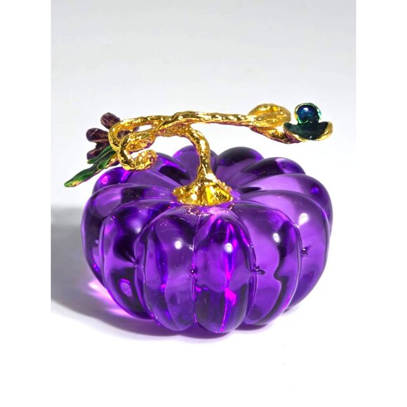 Purple Pumpkin With Gold Plated Stem & Leaves Decorative Piece Vintage - Picture 3 of 11